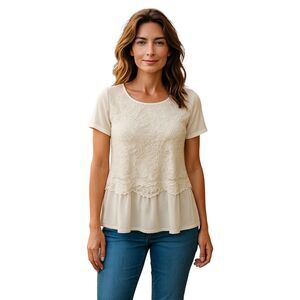 Rewind Medium Off-White Sheer Lace Blouse Peplum Short Sleeve Pullover Boho